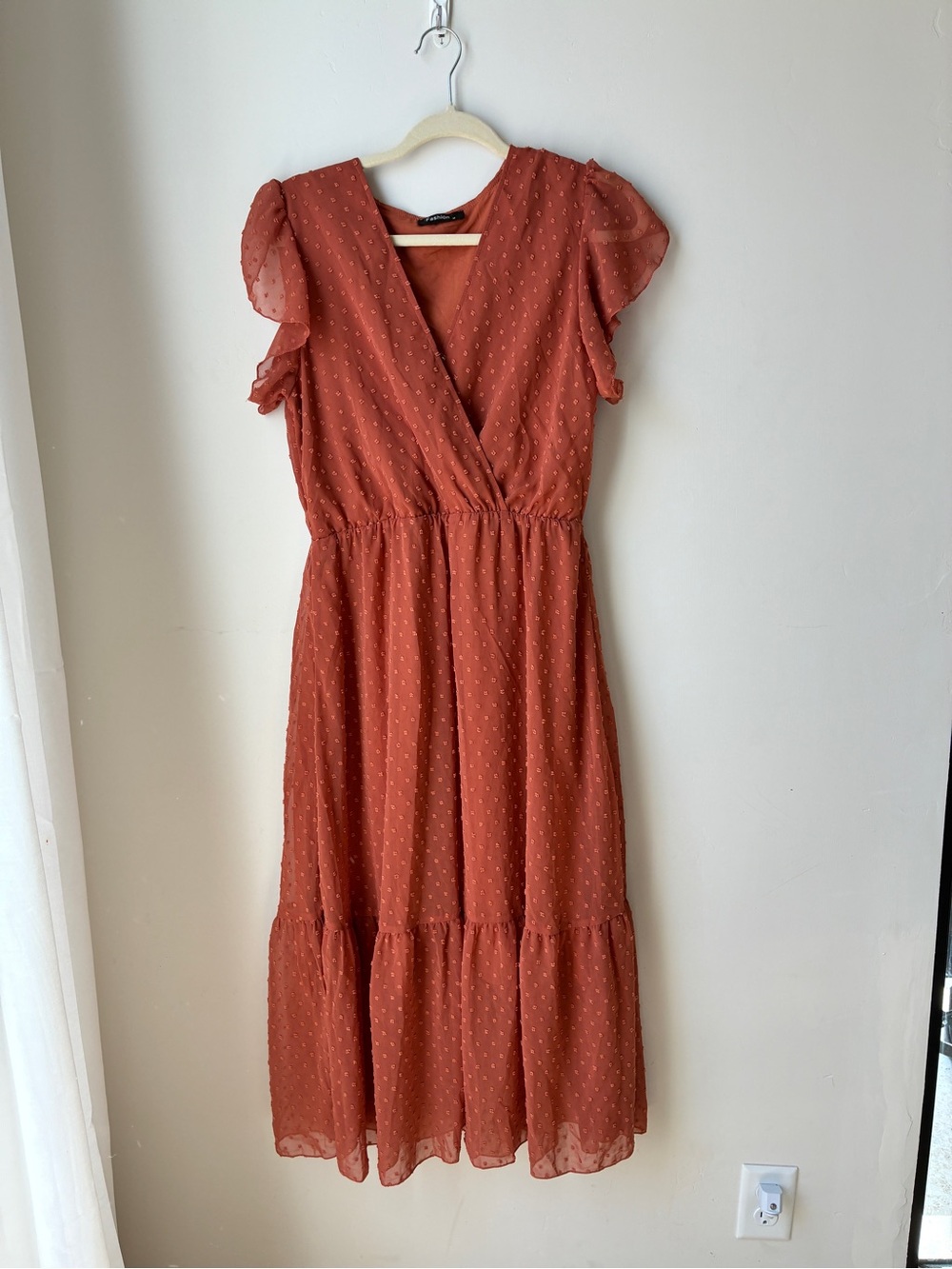 Rust Orange Flutter Sleeve Midi Dress
